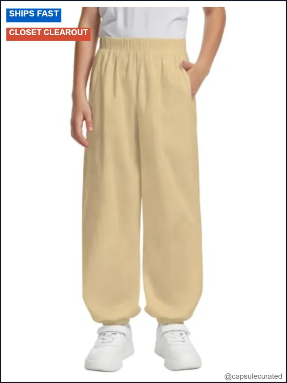 Boys Cotton Linen Jogger Pants Loose Fit Pull On Elastic Waist Cuffed Ankle